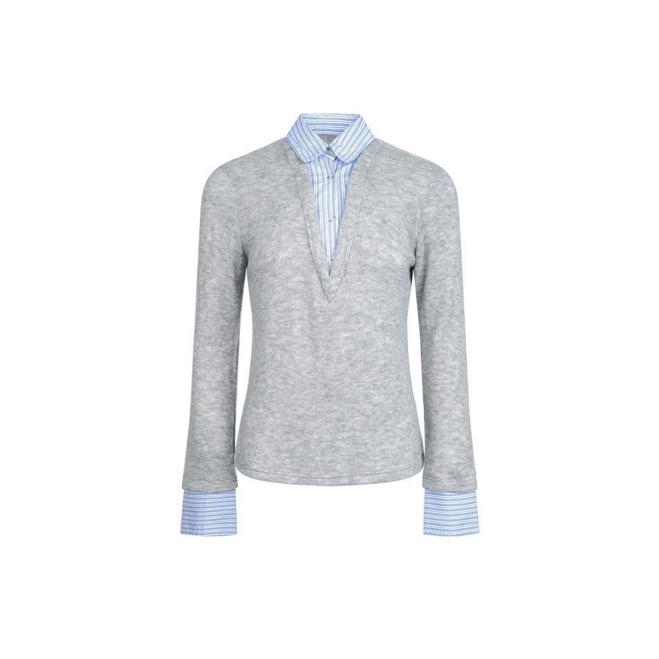 Gray knit deep V-neck top with blue striped faux shirt collar, placket and cuffs, flat front view