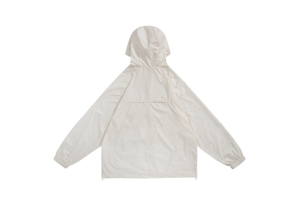 Back view of an off-white hooded jacket with long sleeves, elastic cuffs, and a horizontal upper-back seam.