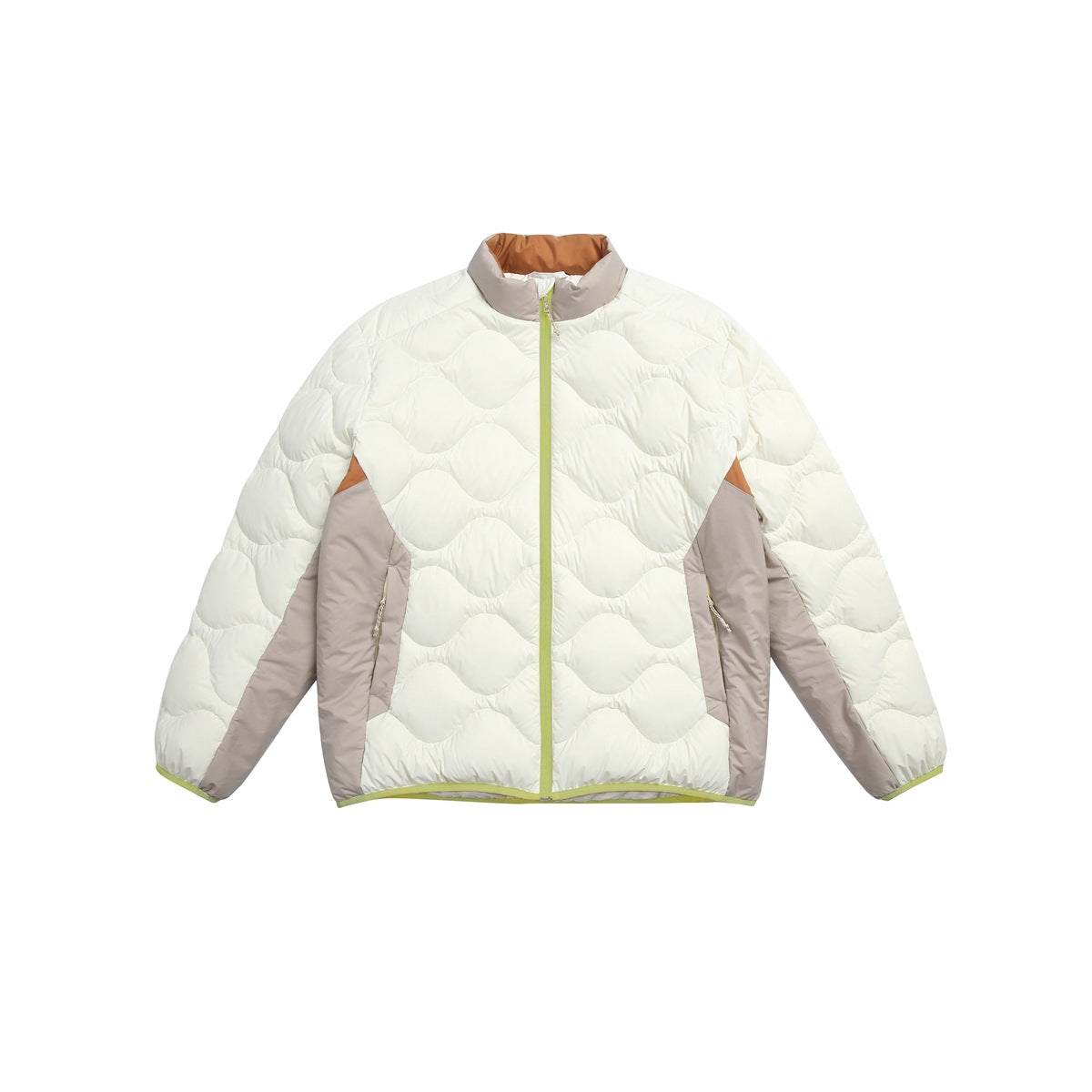 White quilted stand-collar zip jacket with lime-green zipper and trim and taupe side panels, flat front view
