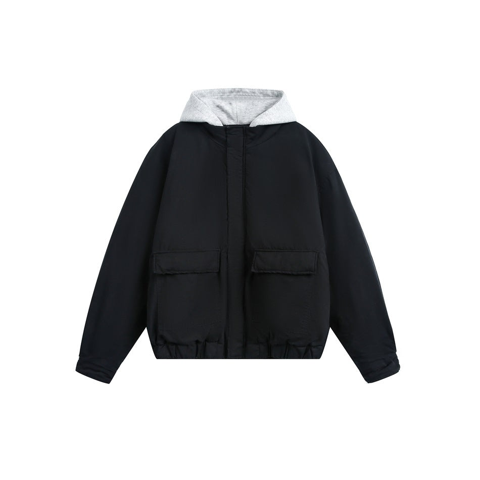 Black hooded jacket with gray jersey hood, large flap pockets and elastic hem, front view on white