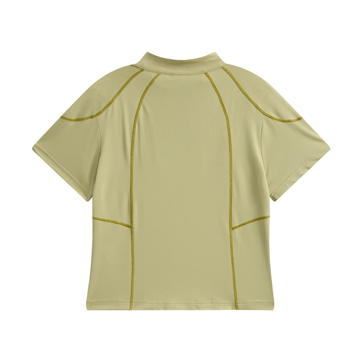 Back view of a pale olive short-sleeve top with a stand collar and curved contrast seam lines.