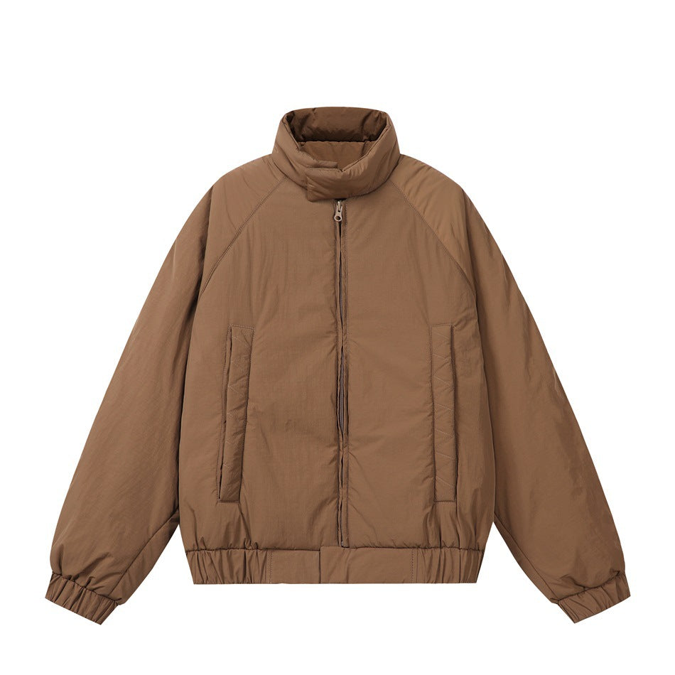 Brown padded stand-collar zip jacket with raglan sleeves, front pockets and elastic cuffs and hem, front view