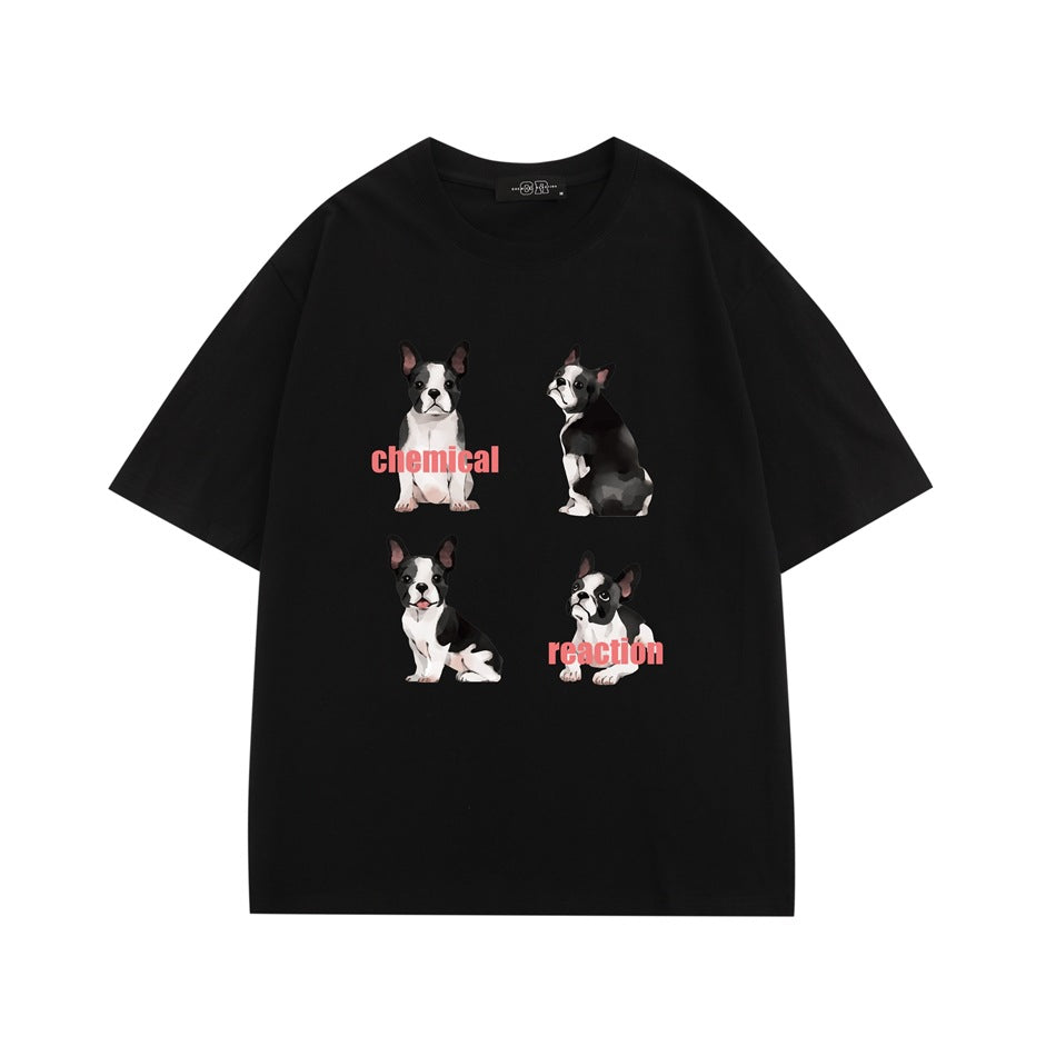 Black short-sleeve crew-neck T-shirt with four dog illustrations and coral pink chemical reaction text