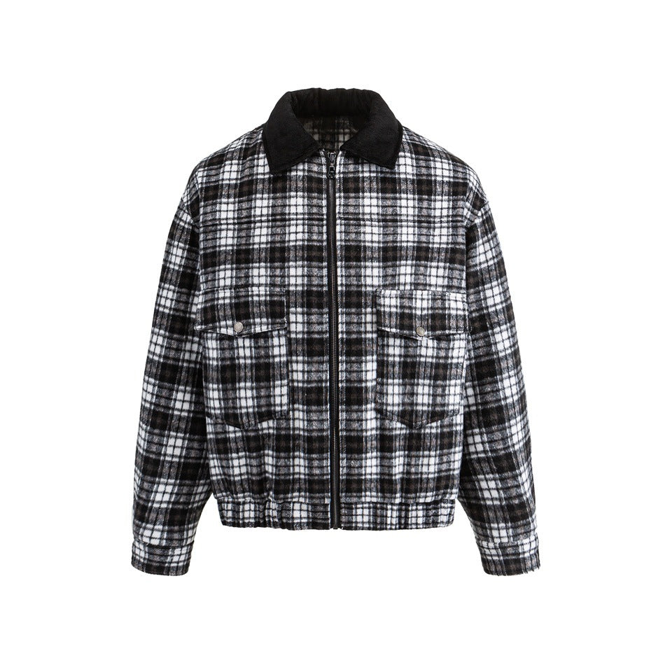 Black and white plaid zip jacket with black corduroy-style collar and two snap flap chest pockets, front view