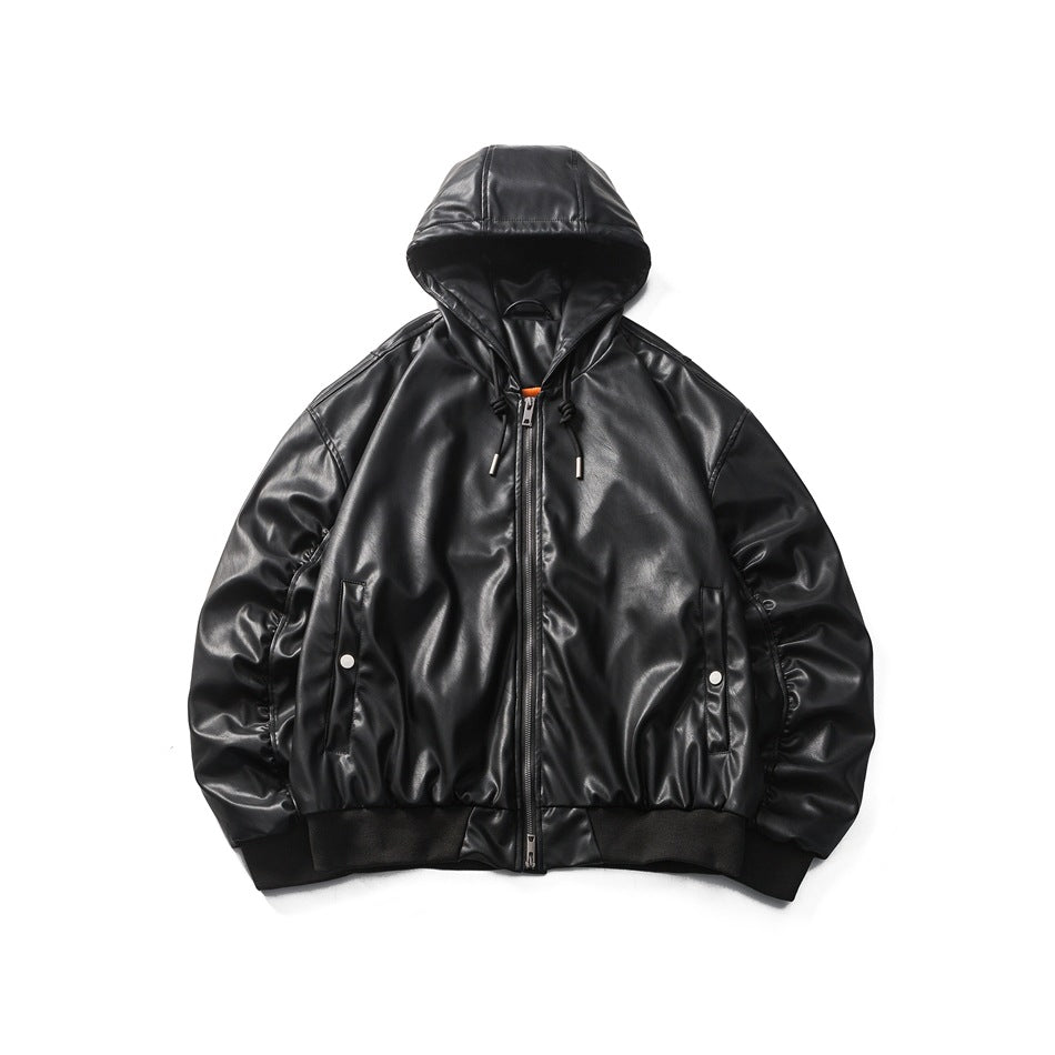 Black faux-leather hooded zip jacket flat lay with drawstring hood, side snap pockets and ribbed cuffs and hem