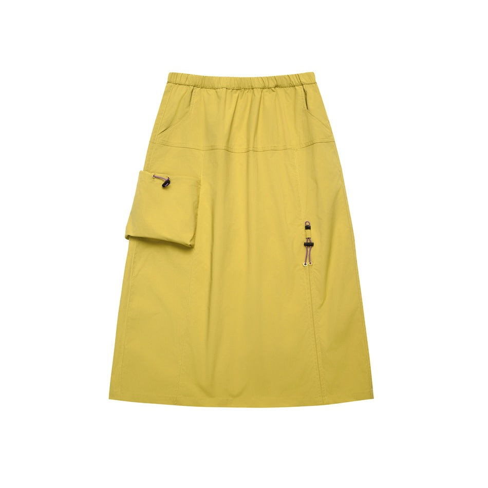 Yellow A-line midi skirt with elastic waist, large patch pocket and brown toggle drawcords, flat lay front view