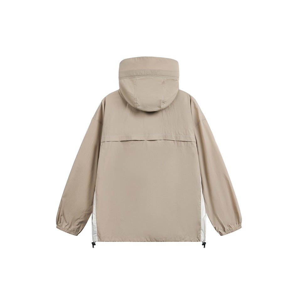 Back view of a beige hooded jacket with elastic cuffs and an adjustable drawcord hem.