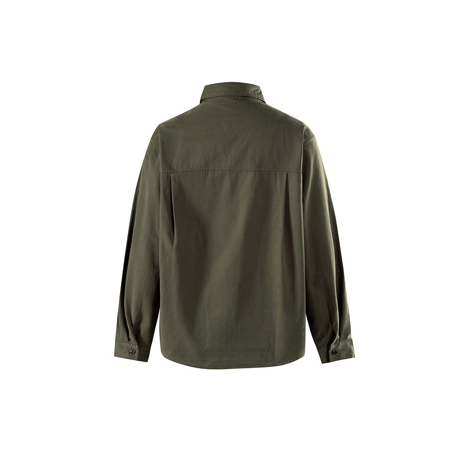 Army green long-sleeve shirt back view showing yoke seam, center pleat and button cuffs on white background
