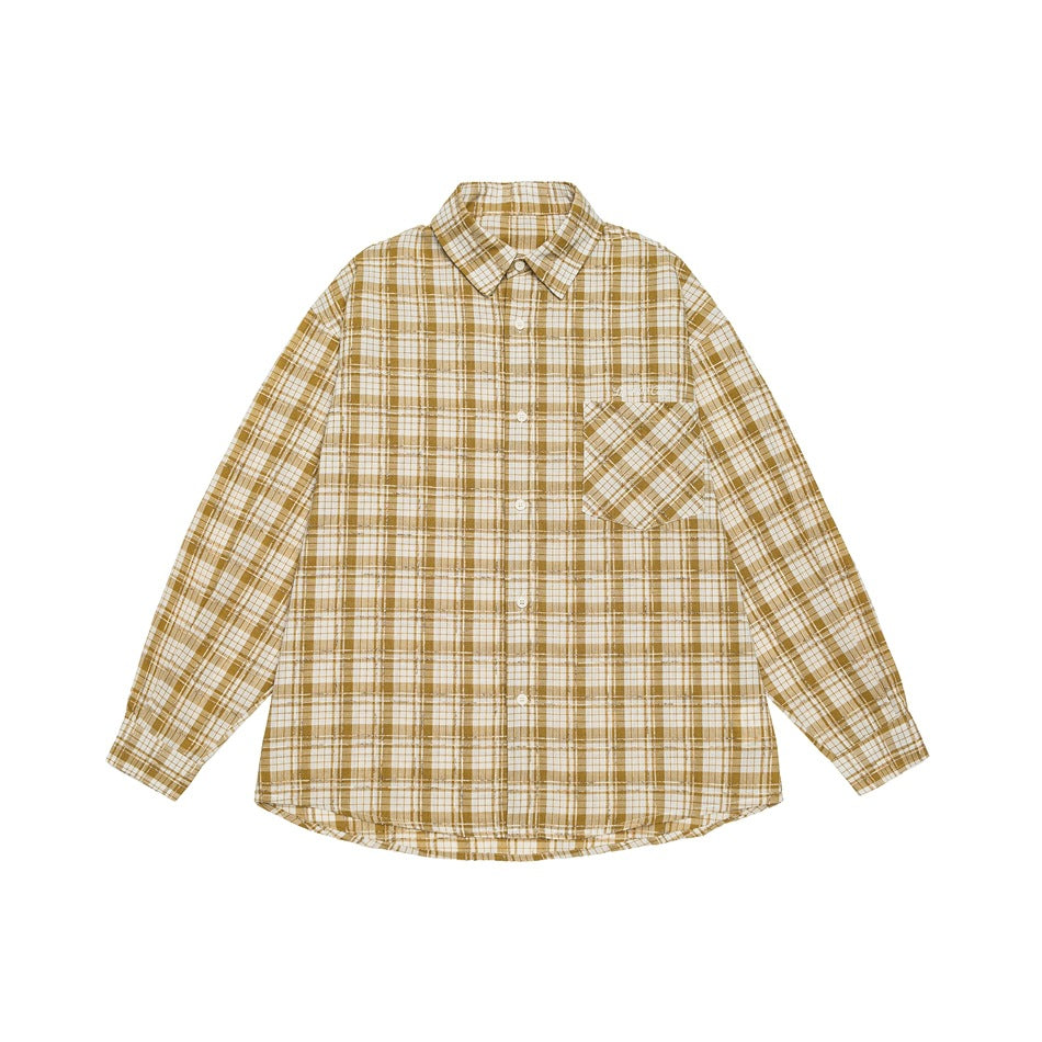 Yellow and cream plaid long-sleeve button-up shirt flat lay with chest pocket and pointed collar