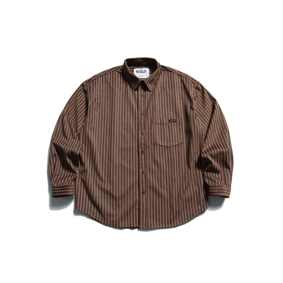 Coffee brown striped long-sleeve button-up shirt with chest pocket, flat lay front view