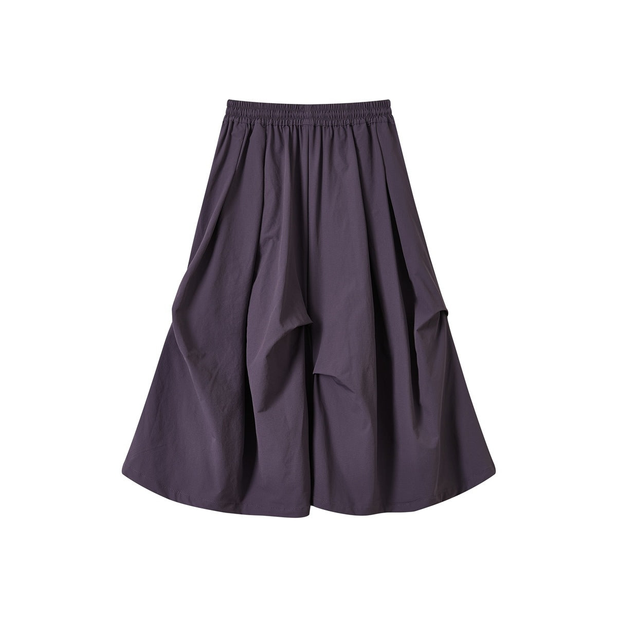 Back view of purple flared skirt with gathered elastic waistband and pleated folds