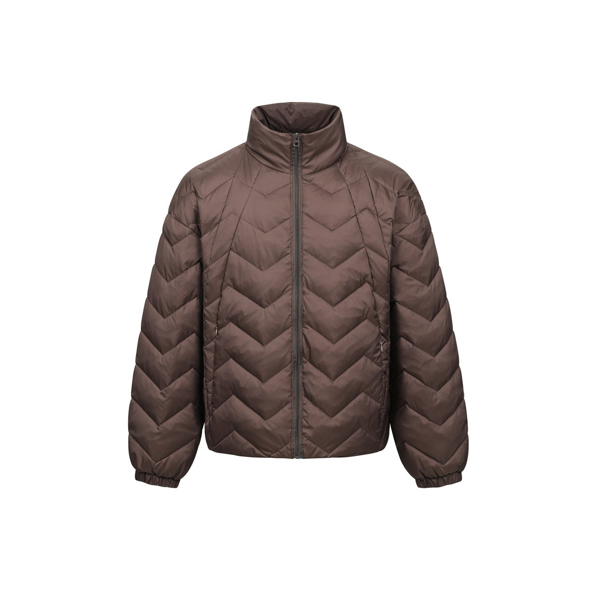 Brown chevron-quilted stand-collar zip jacket with elastic cuffs, front view on plain white background