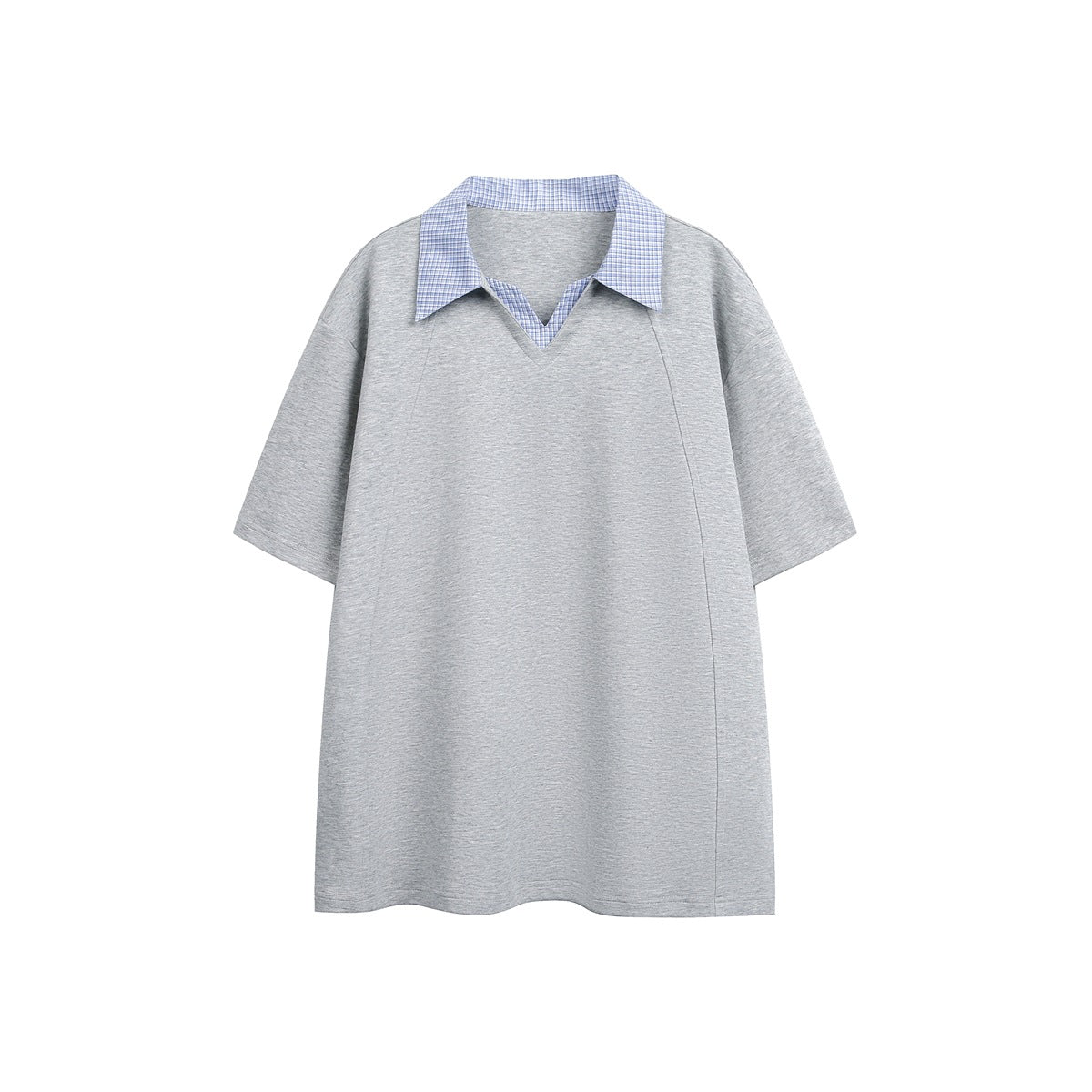 Heather gray short-sleeve top with blue check collar and V-neck, flat front view