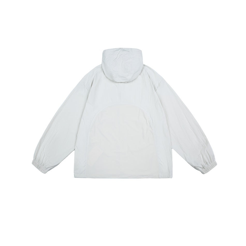 Back view of a white hooded jacket with elastic cuffs and a subtle large arched back panel.