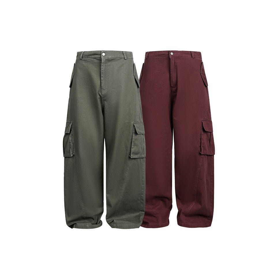Front views of wide-leg cargo trousers in olive gray and deep burgundy, shown side by side.