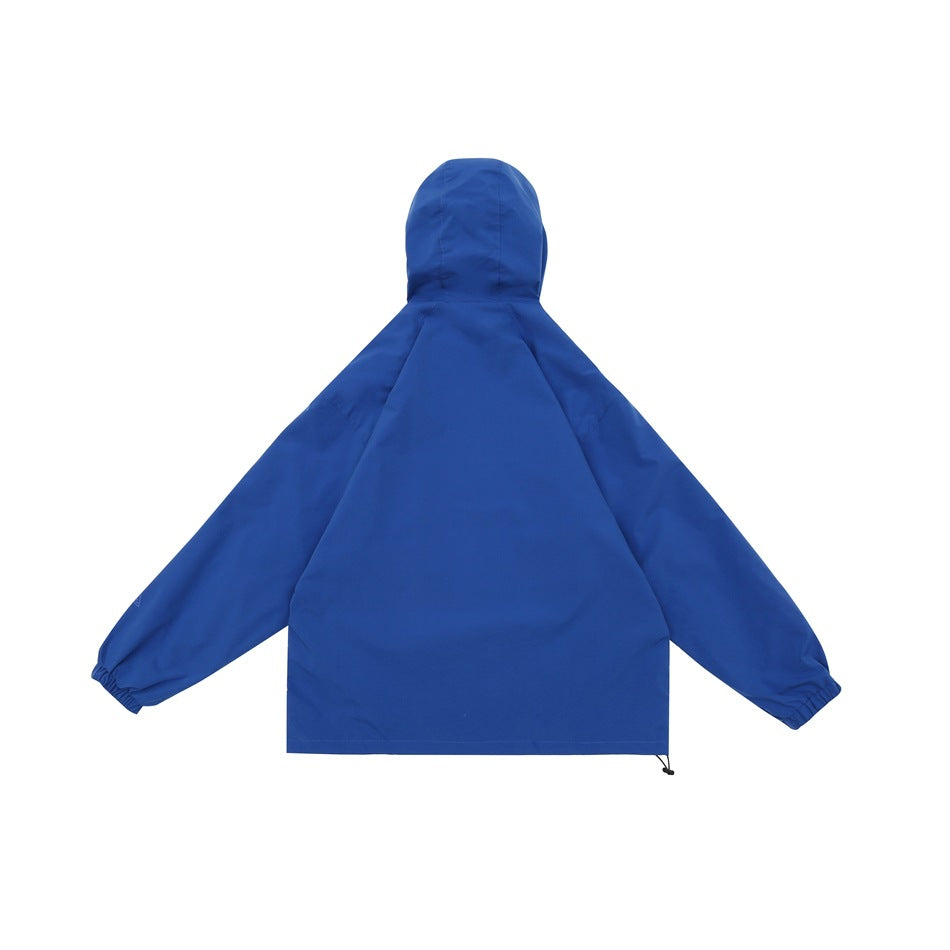 Rear view of a royal-blue hooded jacket with long sleeves, elastic cuffs and adjustable hem.