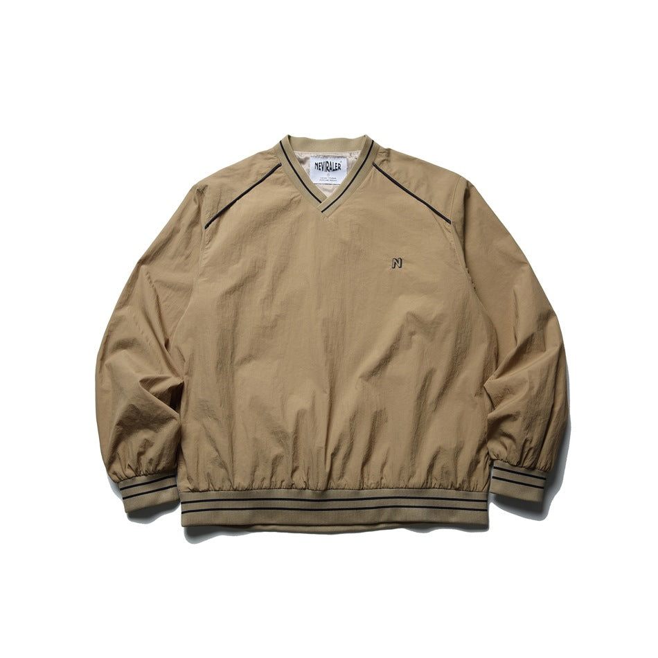 Khaki V-neck pullover jacket with dark striped ribbed trim and small embroidered N, front view on white