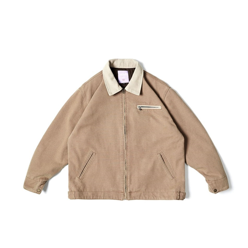 Tan zip jacket with cream collar, chest zip pocket, slanted pockets and snap cuffs, flat front view