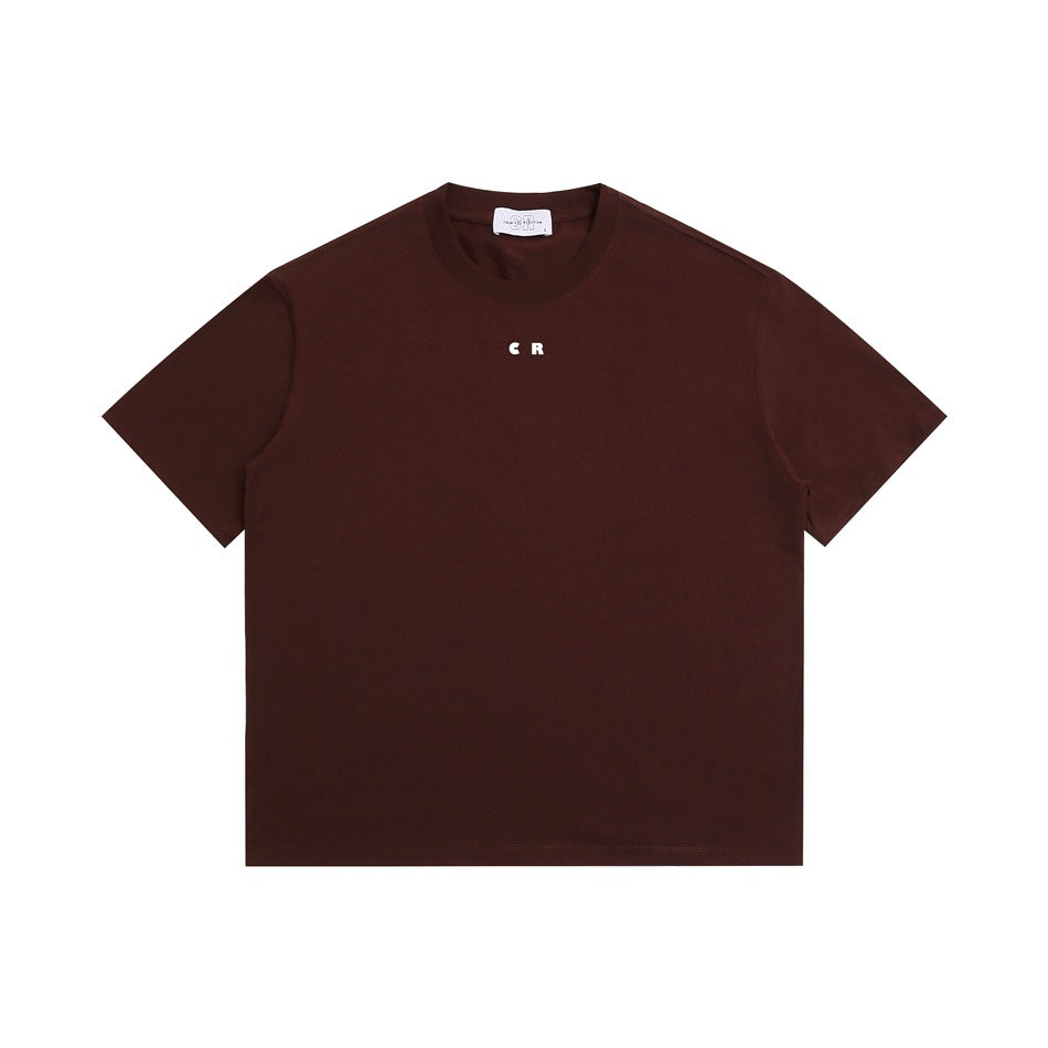 Front view of a burgundy short-sleeve crew-neck T-shirt with a small white CR chest mark.