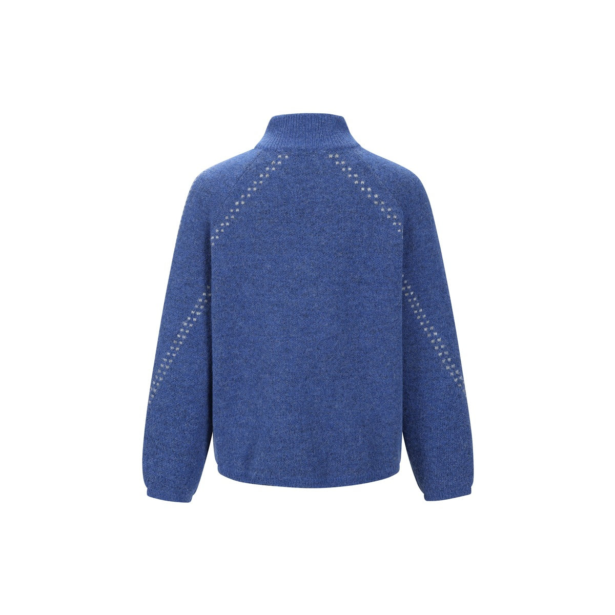 Back view of a blue zip-up knit cardigan with a stand collar and light dotted accents along the shoulders and sleeves.