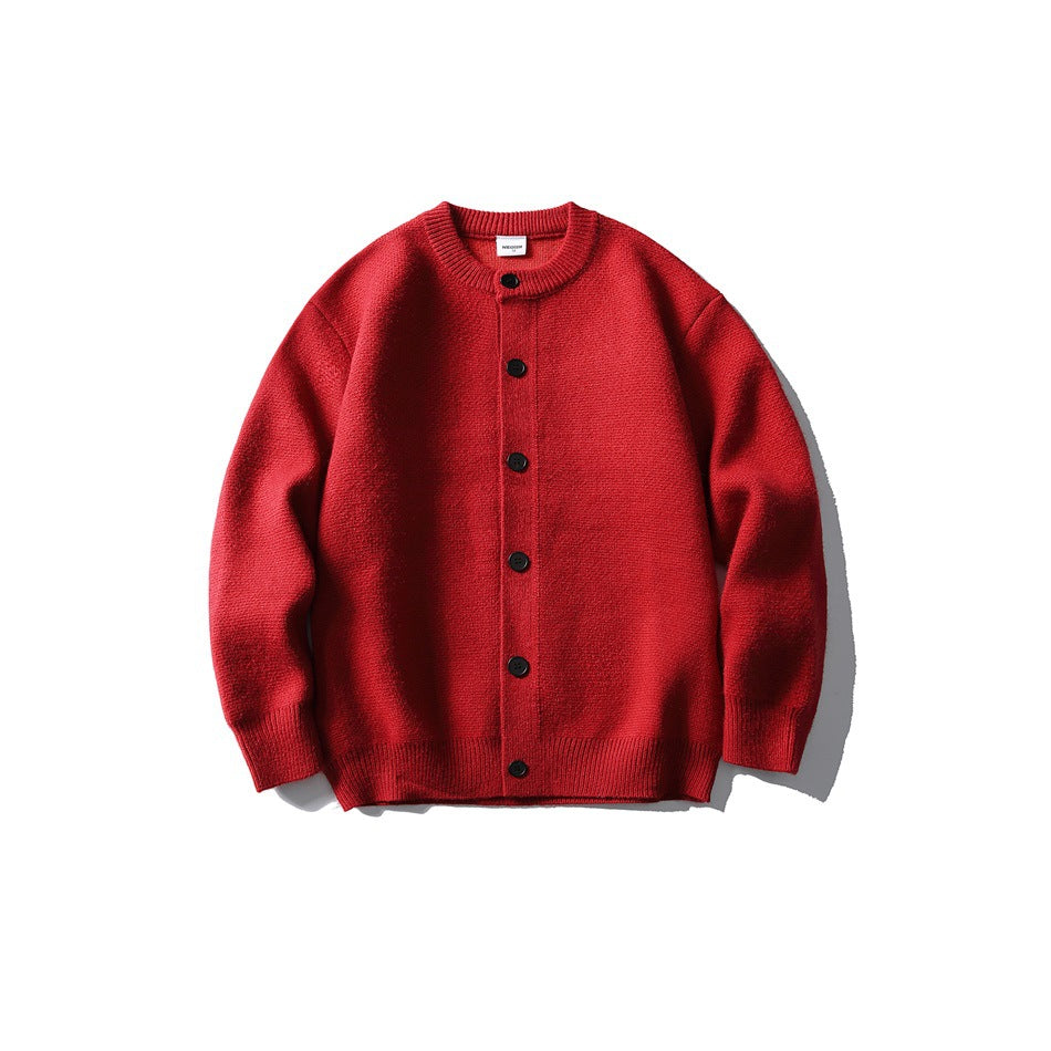 Red knit button-front cardigan with black buttons and ribbed crew neck, flat lay front view