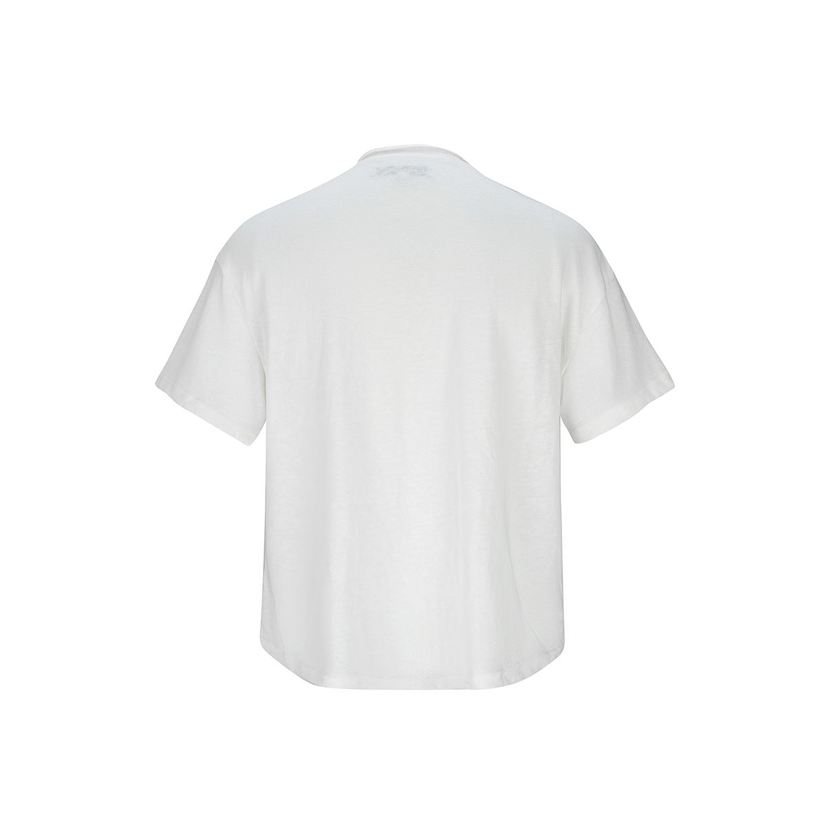 Back view of a plain white short-sleeve Henley shirt.