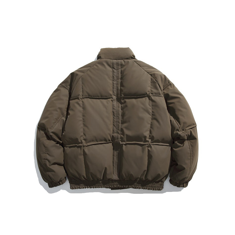 Back view of a dark olive-brown puffer jacket with a high collar, grid quilting, elastic cuffs and gathered hem.