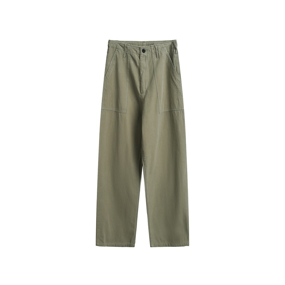 Olive green straight-leg utility pants flat lay, front view with large patch pockets and button waistband