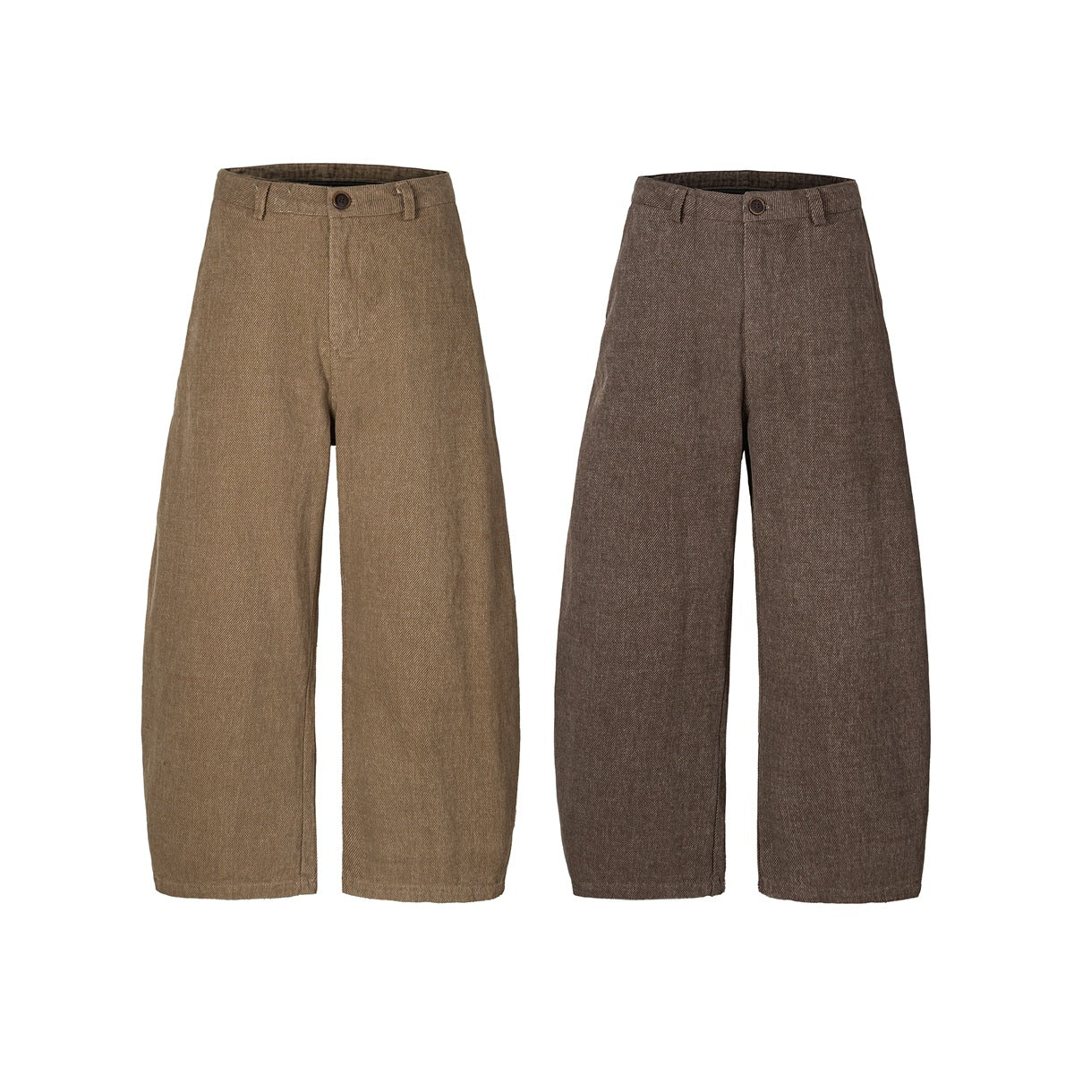 Front view of wide-leg trousers in tan and dark brown, with button waist closures and belt loops.
