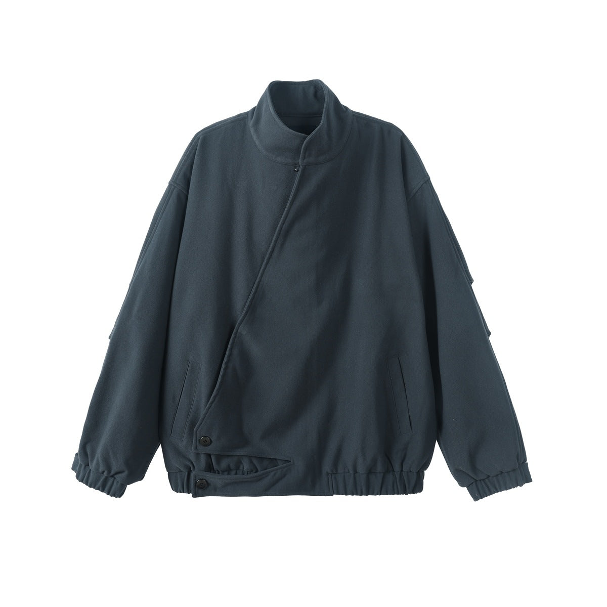 Navy stand-collar jacket with diagonal front closure, lower buttons, slanted pockets and elastic cuffs and hem, flat lay