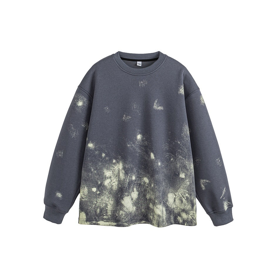Blue-gray crew-neck sweatshirt with pale green distressed paint splatter print, flat front view