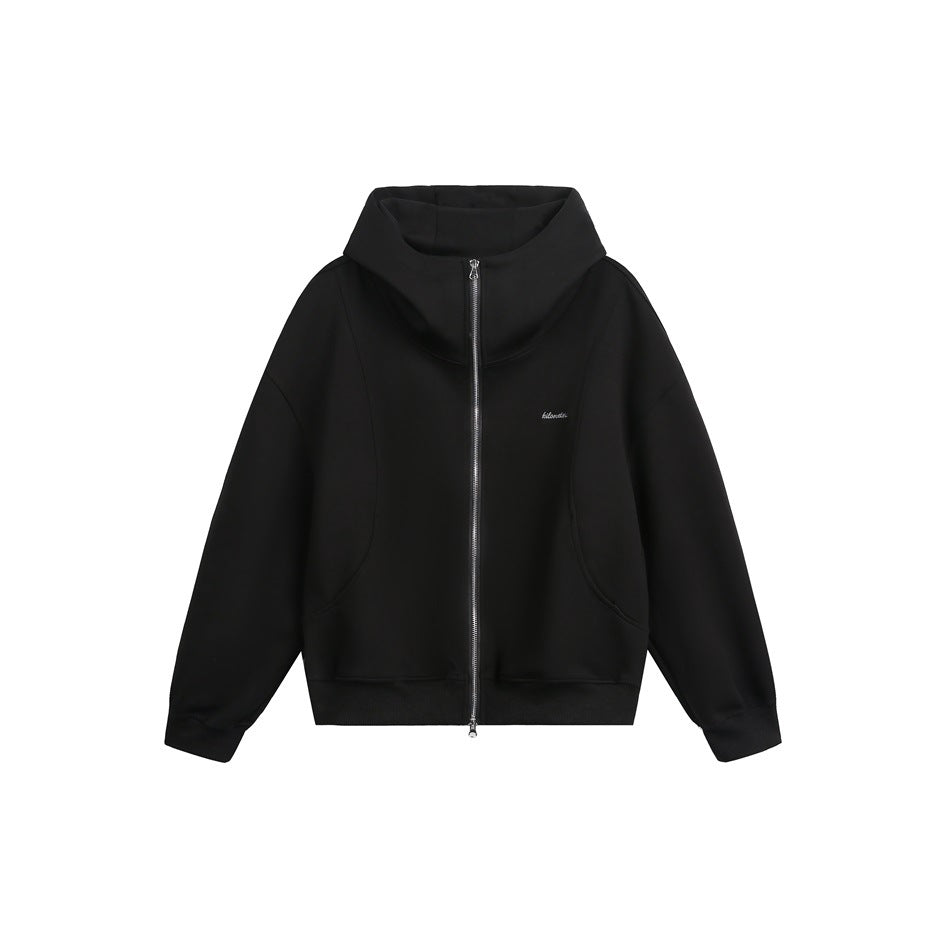 Black zip-up hoodie with high hood, silver double zipper and ribbed cuffs, flat front view