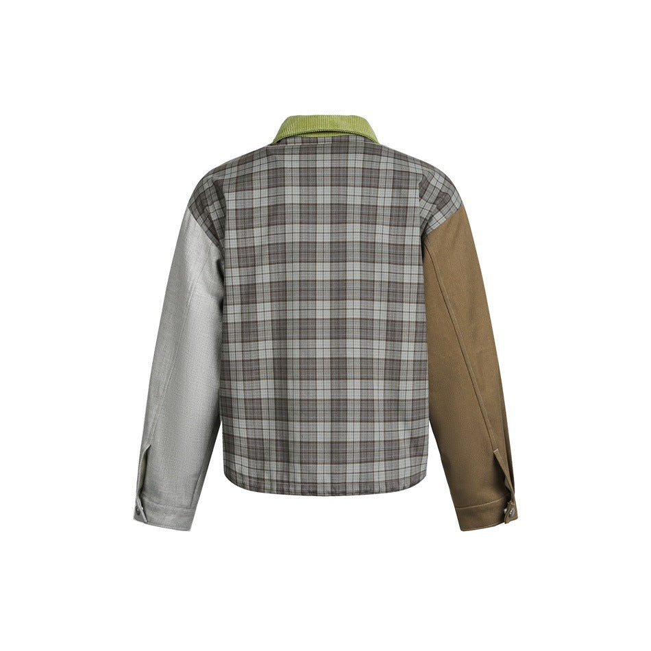 Back of a jacket with a gray-brown plaid body, green collar, and contrasting light gray and olive sleeves.
