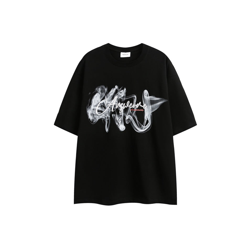Black short-sleeve crew-neck T-shirt with white smoke-wisp graphic and script lettering on the chest