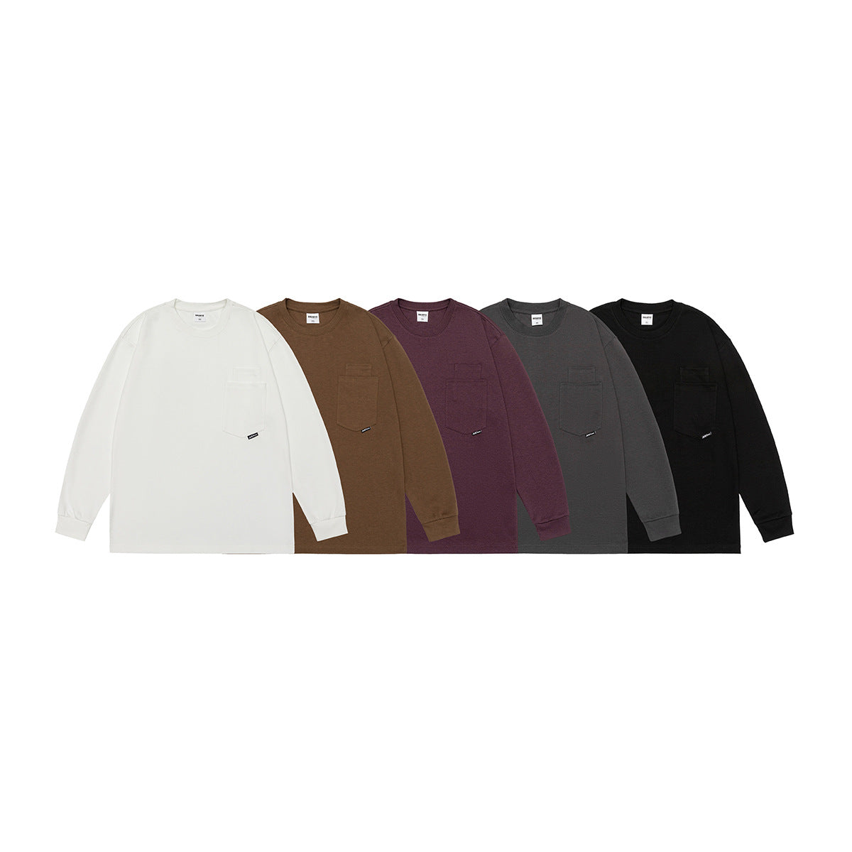 Five long-sleeve crewneck shirts with chest pockets shown in white, brown, plum, charcoal gray, and black.