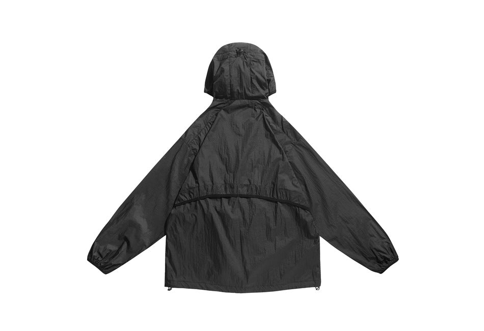 Back view of a black hooded pullover jacket displayed flat against a white background.
