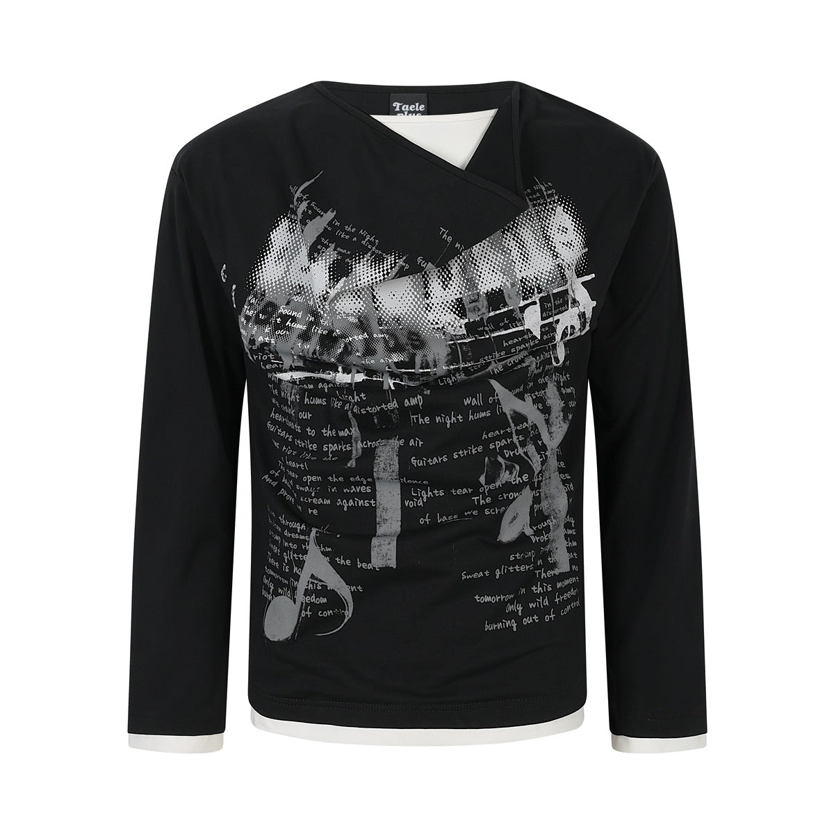 Black long-sleeve top with draped asymmetric neckline, white layered trim and gray music-note lyric graphic print