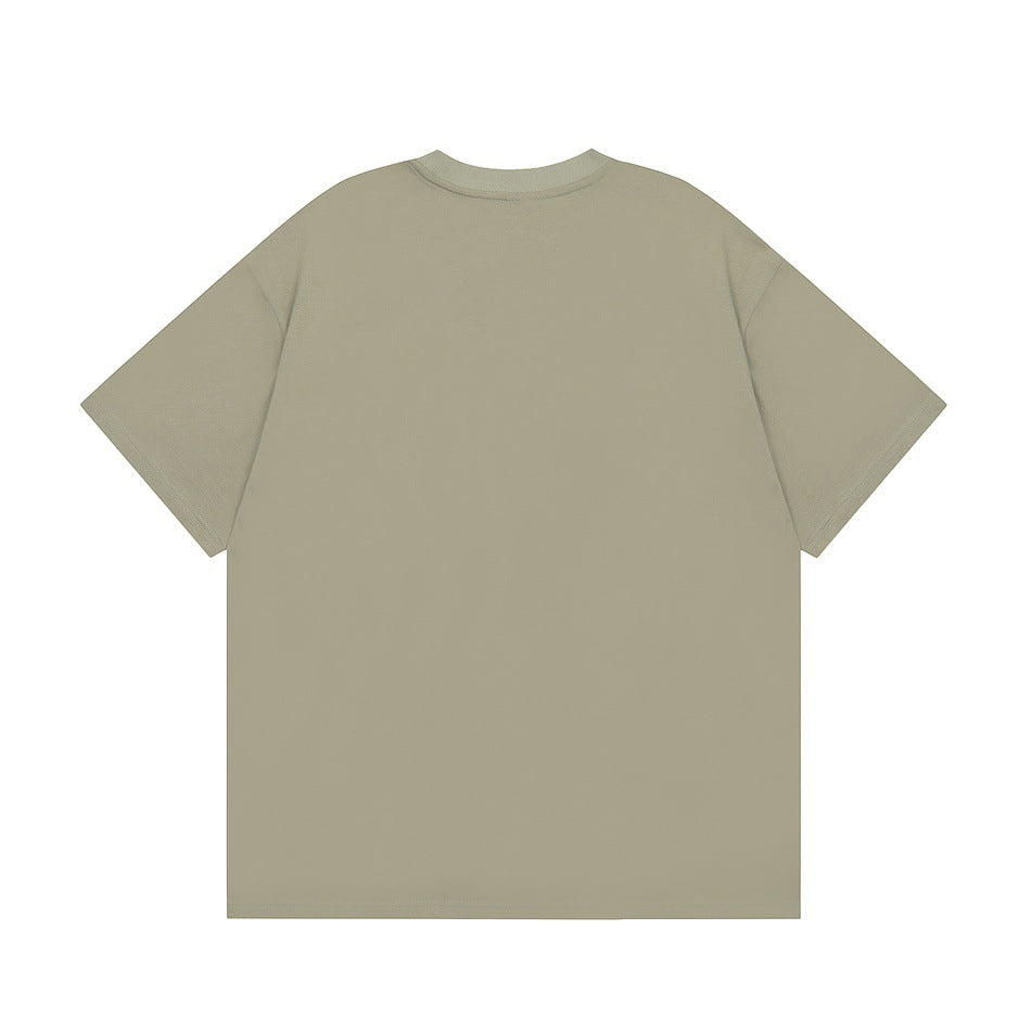 Front view of a plain olive-gray short-sleeve crew-neck T-shirt, laid flat on a white background.