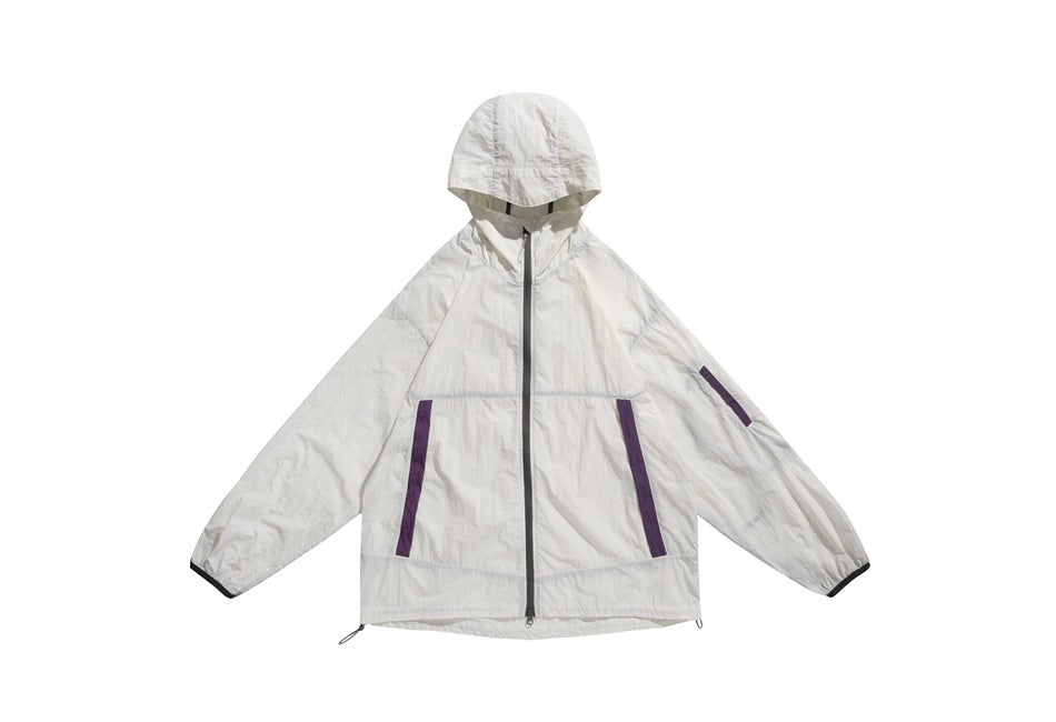 Off-white hooded zip jacket flat lay with dark gray zipper, purple pocket and sleeve strips, and drawcord hem