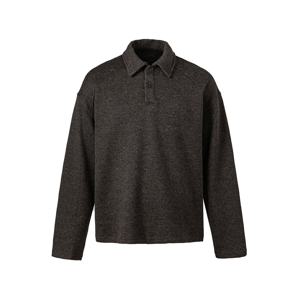 Dark brown heathered long-sleeve polo-style pullover with two-button placket, flat front view on white background