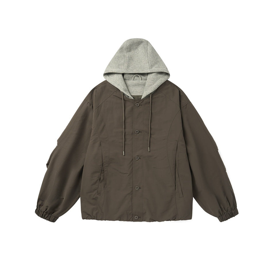 Brown button-front jacket with gray jersey hood and drawstrings, flat lay front view
