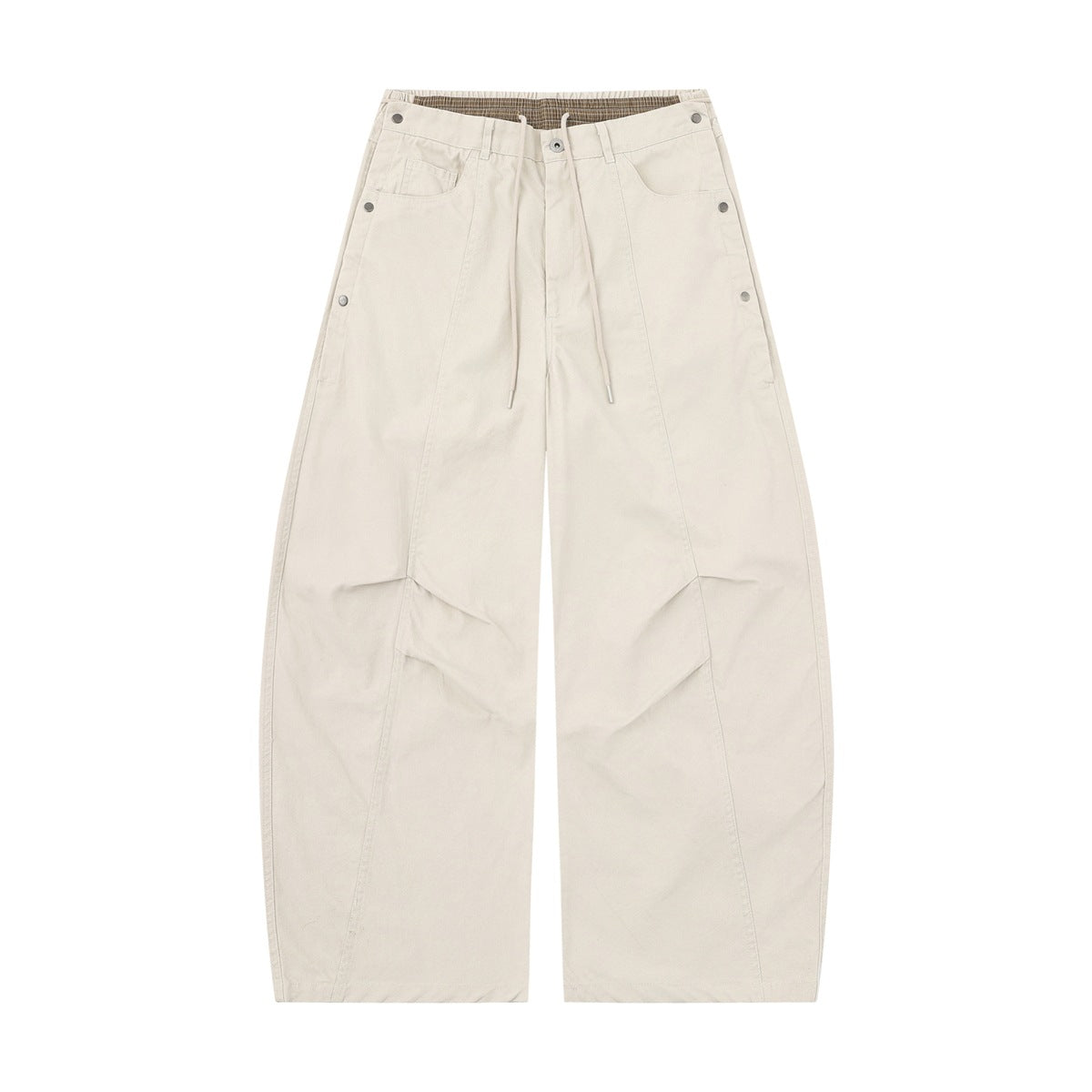 Beige apricot wide-leg drawstring pants flat lay with side snap studs and knee pleats