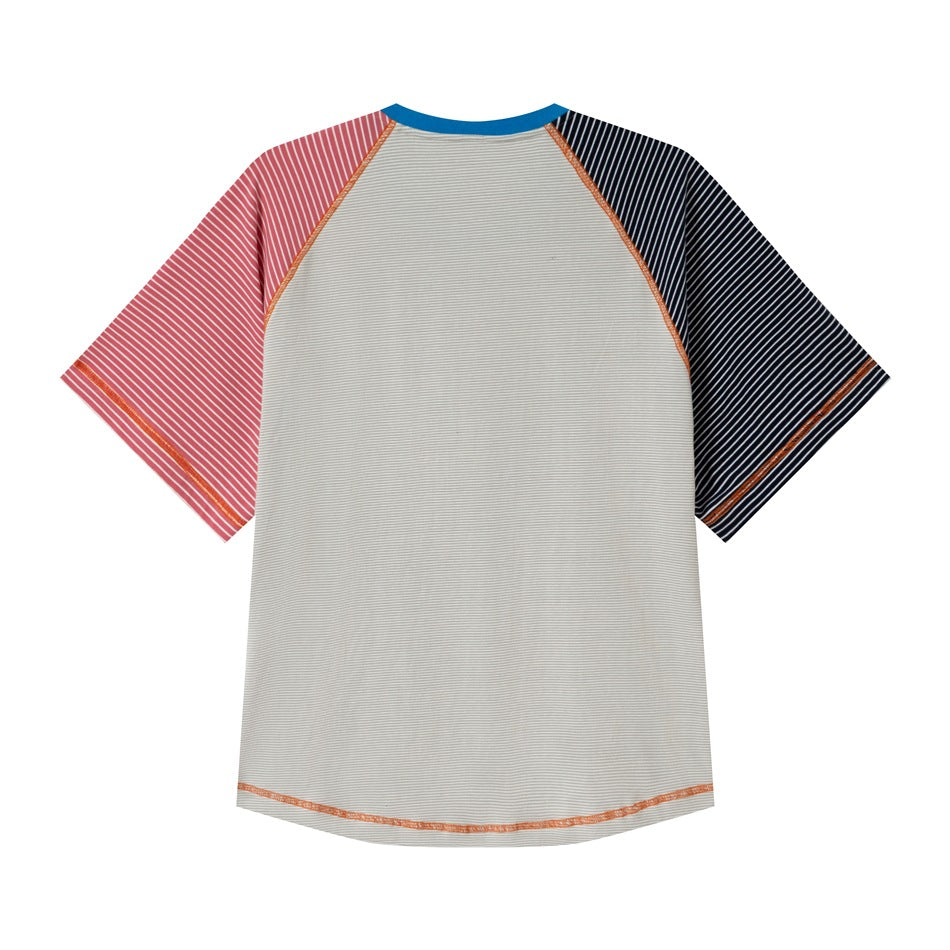 Back of a gray striped raglan T-shirt with red-pink and navy striped sleeves, blue neckband and orange stitching