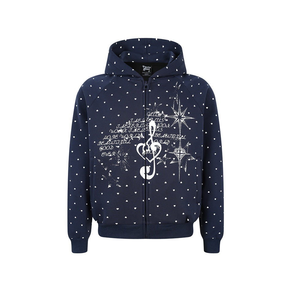Navy zip-up hoodie with white heart print and a treble clef, star and script graphic, front view