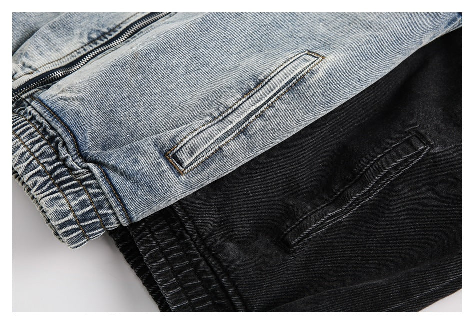 Close-up of slanted pockets and gathered cuffs on light-wash and black denim jackets.