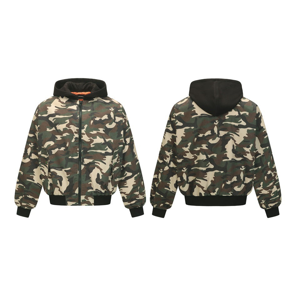 Front and back product views of a camouflage hooded jacket with a front zipper and black trim.