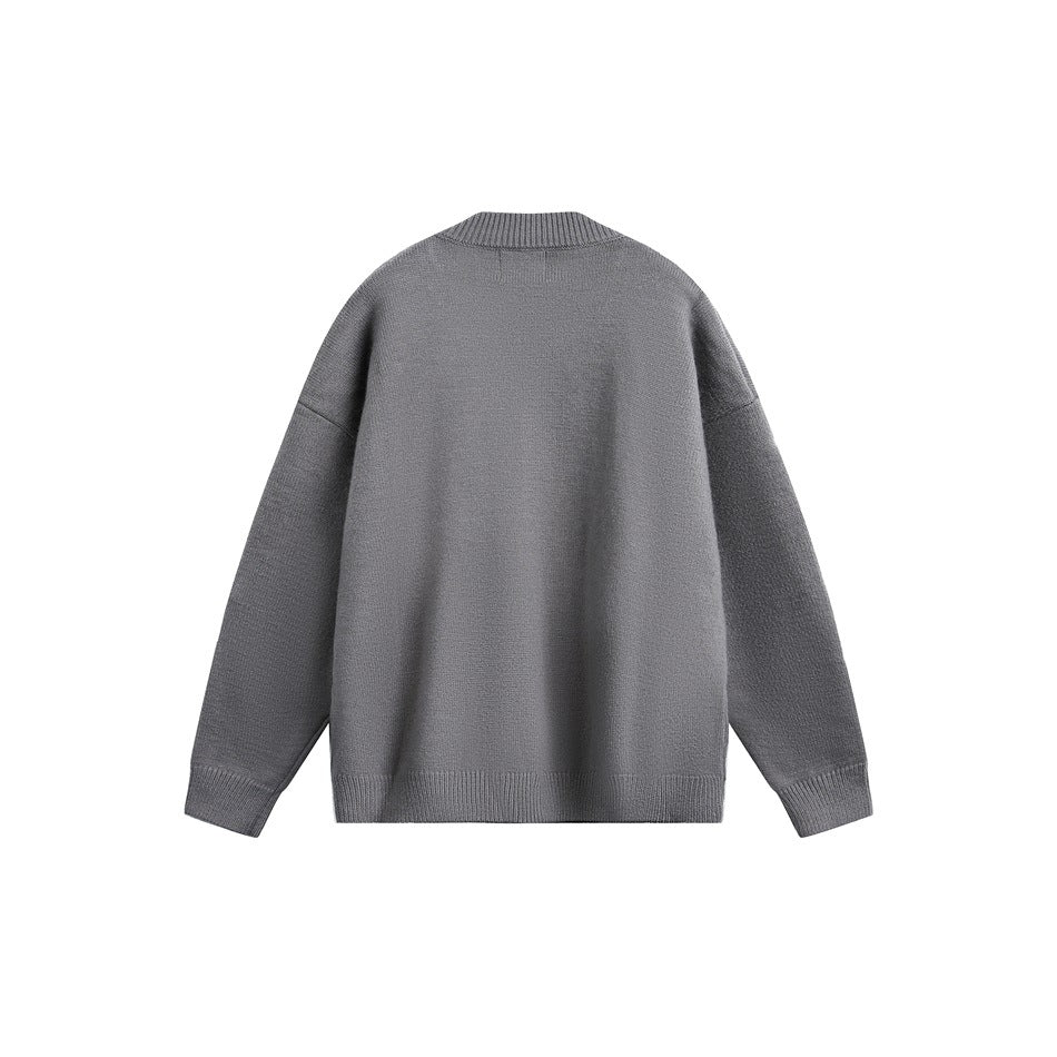 Back view of a gray knit cardigan with a ribbed collar, cuffs, and hem.