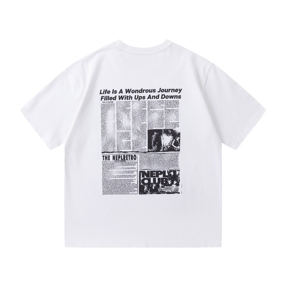 White short-sleeve crew-neck T-shirt, back view with black newspaper-style print and headline text