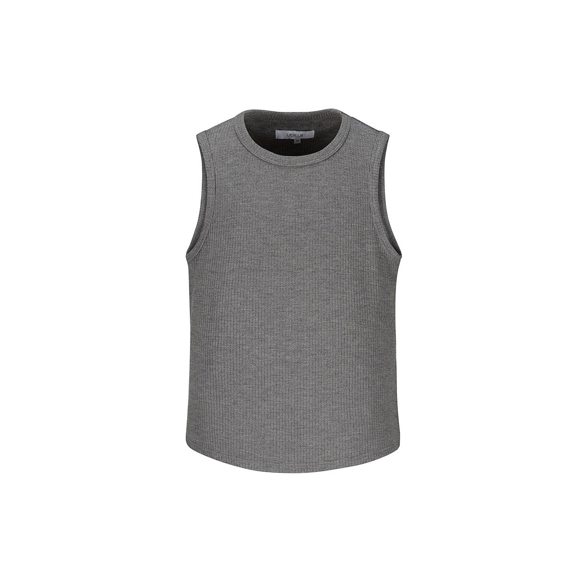 Gray ribbed sleeveless crew-neck tank top, front view flat on white