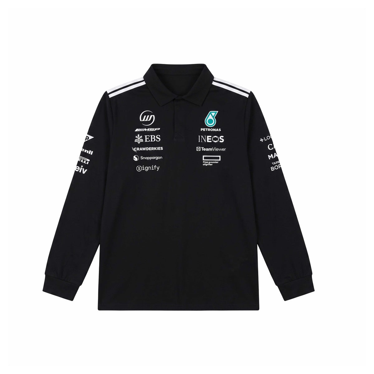 Black long-sleeve polo top, front view, with white shoulder stripes and white and teal sponsor logo prints